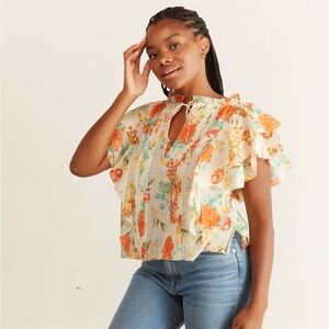 Cleobella Katana Blouse Floral Multicolor Short Sleeve Ruffles size XS